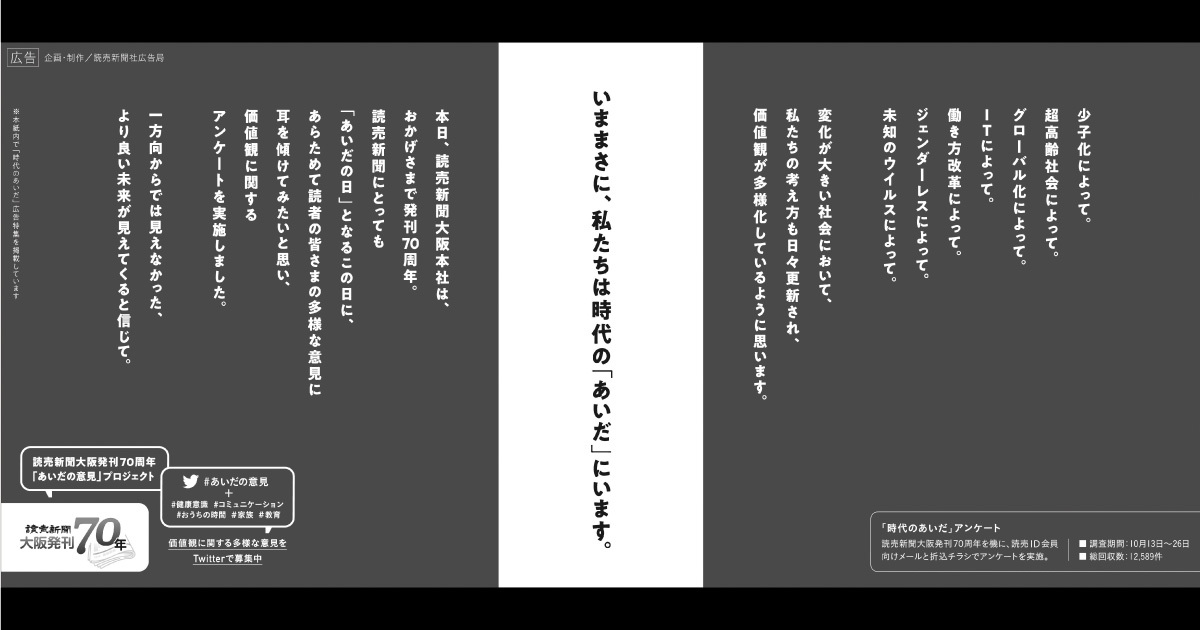 読売新聞大阪本社は、読売発刊70周年に特別企画「時代のあいだ」を掲載