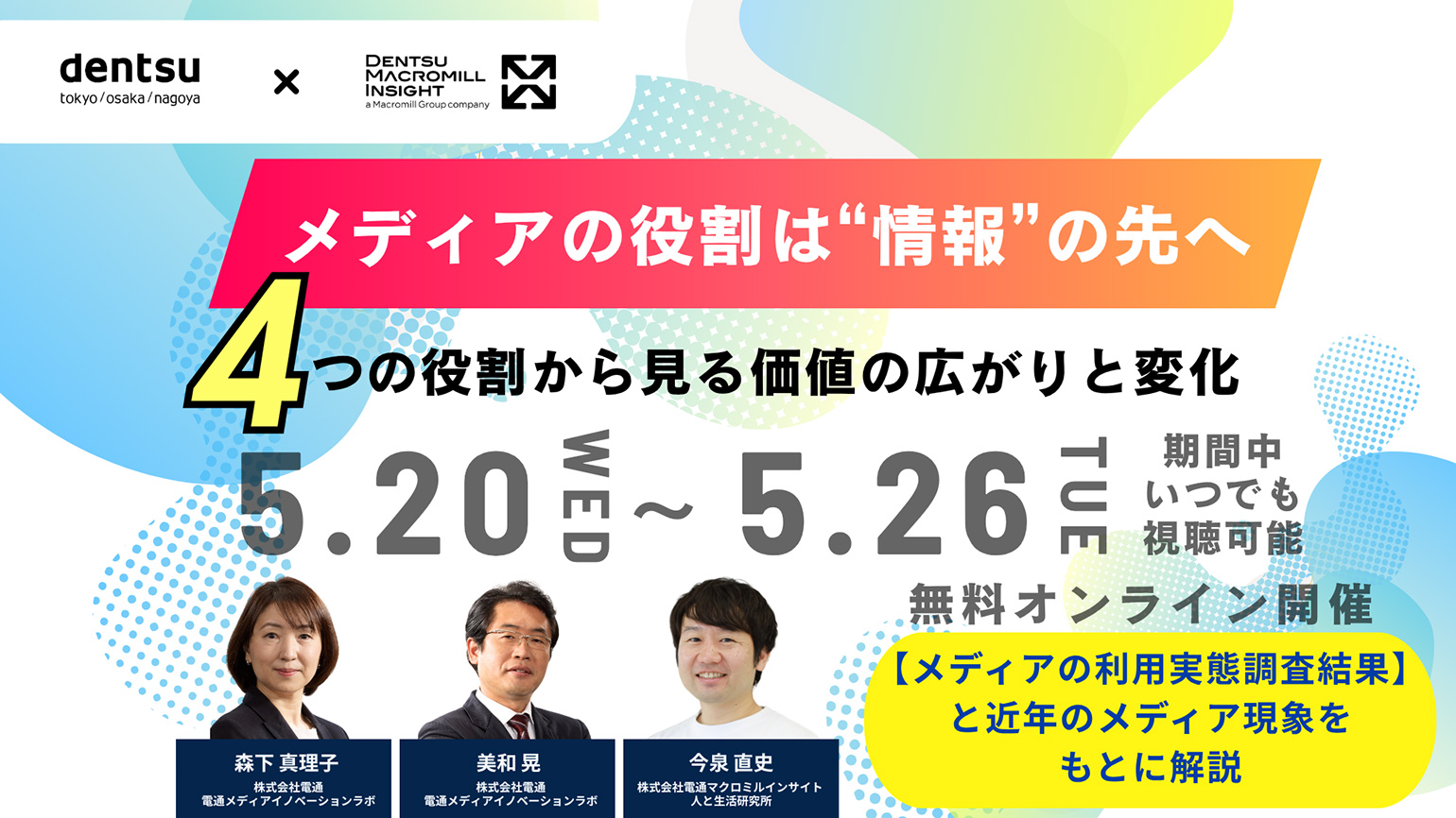 【参加者募集】電通メディアイノベーションラボ×電通マクロミルインサイト 共催ウェビナー「メディアの役割は“情報”の先へ ― 4つの役割から見る価値の広がりと変化」5月20~26日開催